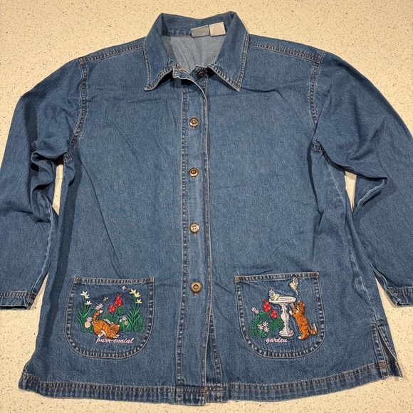 Vintage Cat Embroidered Denim Shacket with Pockets | Large - Picture 1 of 6
